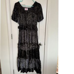 Victoria Dunn velvet dress dark brown gold floral print size xs gathered tier r1